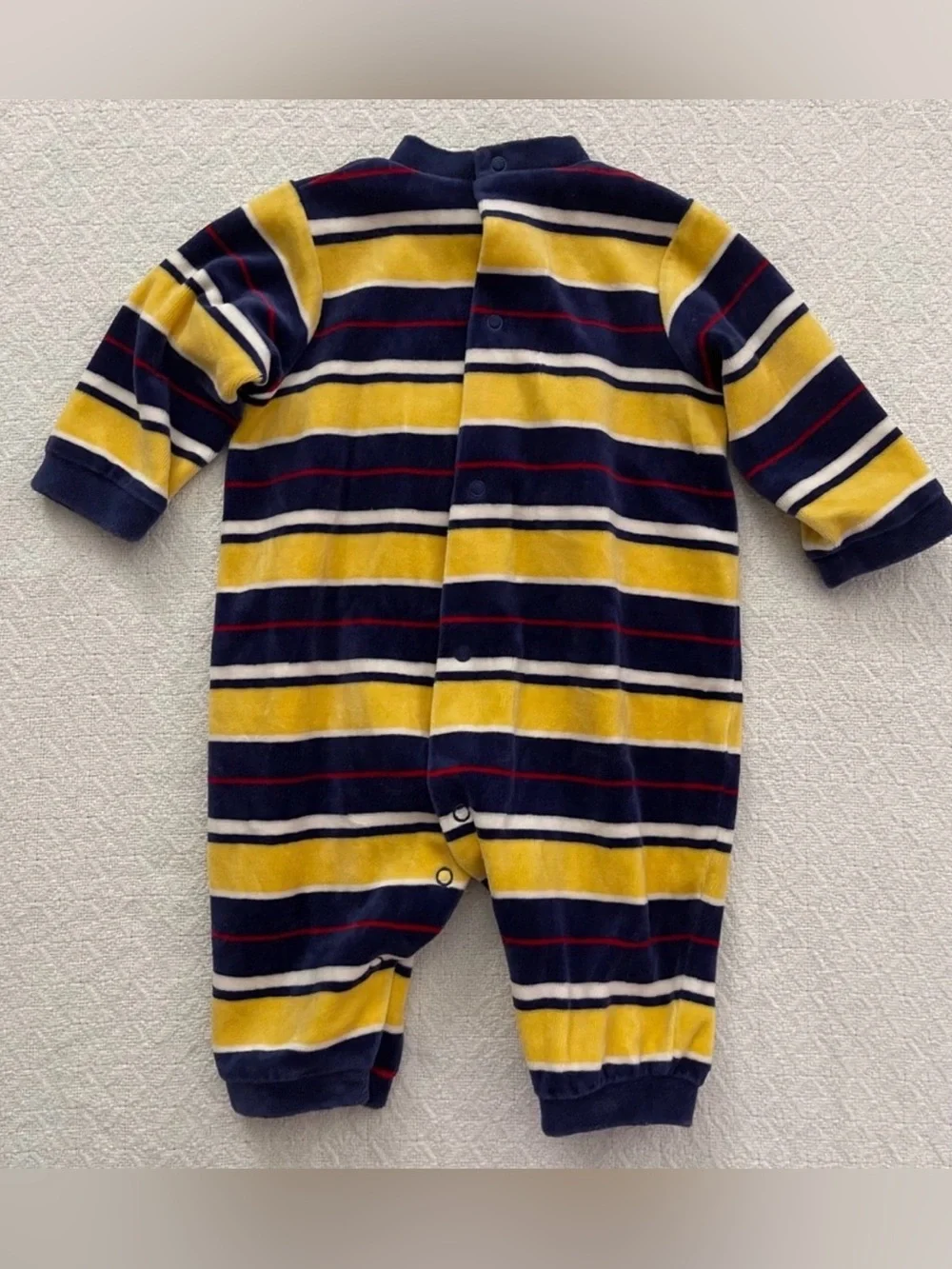 Little Me Vintage Yellow Navy and Red Striped Bear and Drum Appliqué Romper